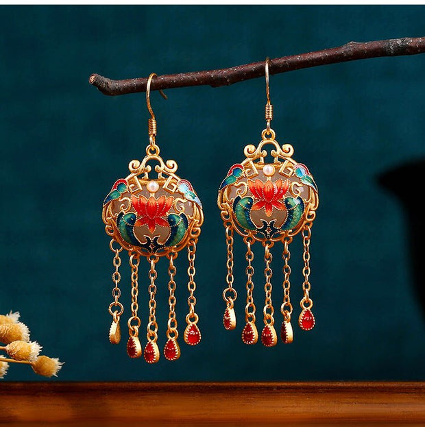 Antique floral enamel long tassel peace lock earrings and necklace set - Tiracisu