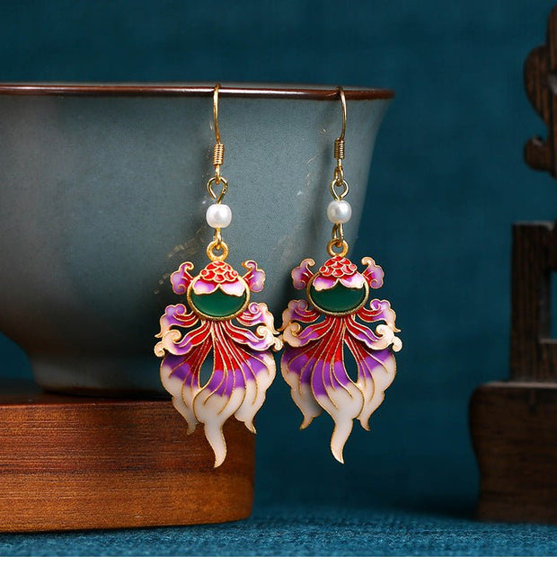 Antique Handmade Enamel Goldfish Earrings - Tiracisu
