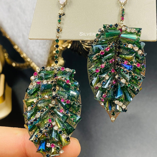 Asymmetry Elegant Leaf - Inspired Crystal Earrings in Vibrant Green and Soft Pink - Tiracisu