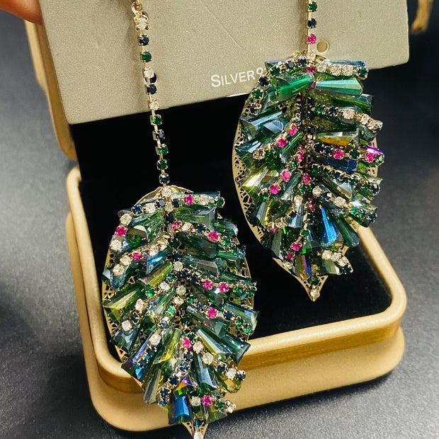 Asymmetry Elegant Leaf - Inspired Crystal Earrings in Vibrant Green and Soft Pink - Tiracisu