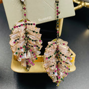 Asymmetry Elegant Leaf - Inspired Crystal Earrings in Vibrant Green and Soft Pink - Tiracisu