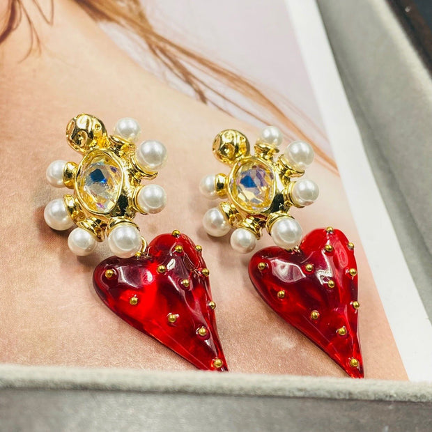 Brilliant Pearl and Strawberry Pendant Earrings - Green/Red - Tiracisu