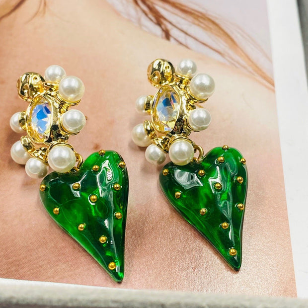 Brilliant Pearl and Strawberry Pendant Earrings - Green/Red - Tiracisu