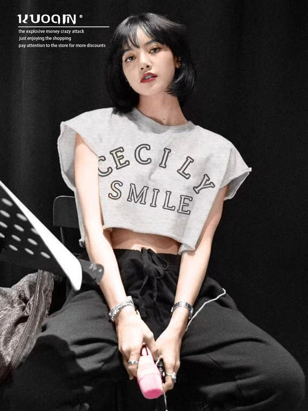 Cool Jazz Dance Navel - baring gray sleeveless loose crop top - Tiracisu