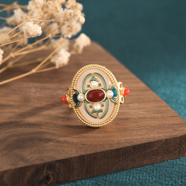 Elegant artificial white jade ring with palace enamel craft - Tiracisu