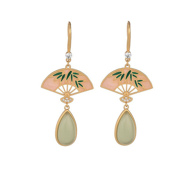 Elegant Bamboo Fan Pendant Gold - plated Earrings - Tiracisu