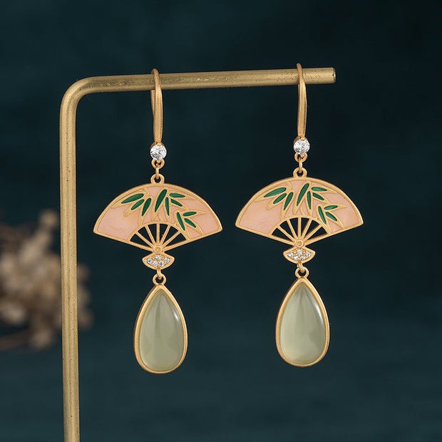 Elegant Bamboo Fan Pendant Gold - plated Earrings - Tiracisu