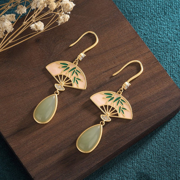 Elegant Bamboo Fan Pendant Gold - plated Earrings - Tiracisu