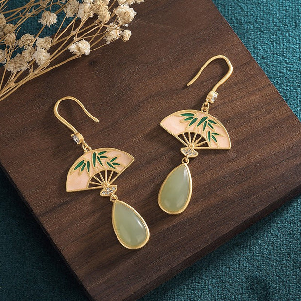 Elegant Bamboo Fan Pendant Gold - plated Earrings - Tiracisu