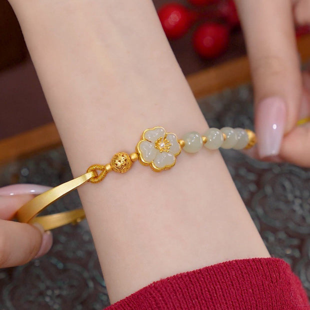 Elegant Magnolia Flower Inlaid with Gold [Flowers Blooming Ten Miles] Hetian Jade Lucky Bead Bracelet - Tiracisu