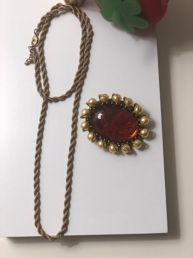European Medieval Retro Ruby - Imitation Pendant Necklace, Brooch and Earring Set - Tiracisu