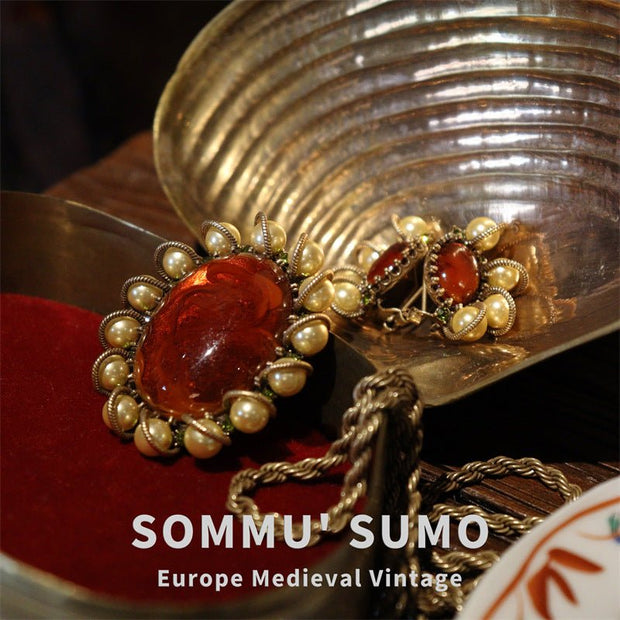 European Medieval Retro Ruby - Imitation Pendant Necklace, Brooch and Earring Set - Tiracisu