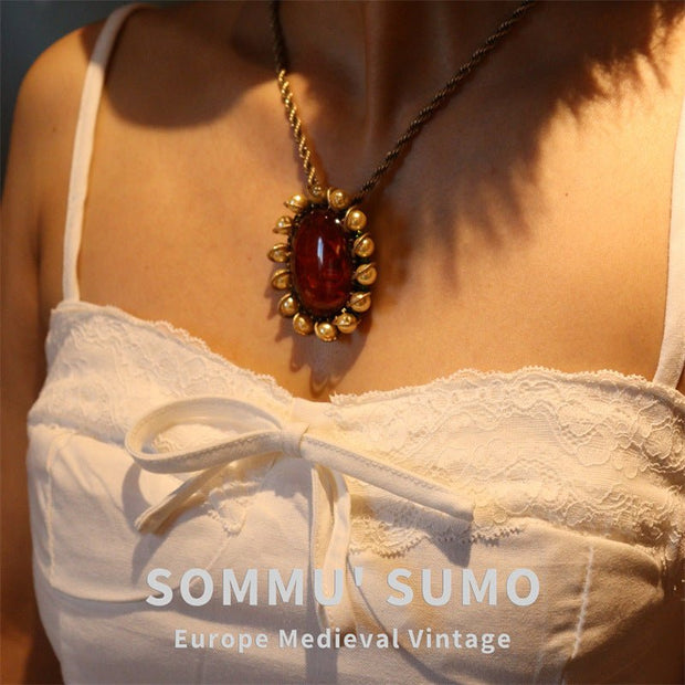 European Medieval Retro Ruby - Imitation Pendant Necklace, Brooch and Earring Set - Tiracisu