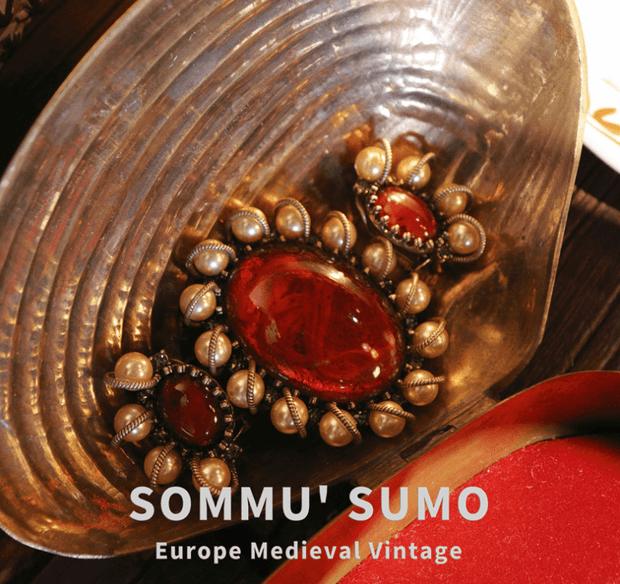European Medieval Retro Ruby - Imitation Pendant Necklace, Brooch and Earring Set - Tiracisu