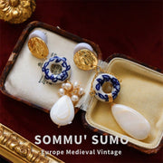European medieval retro style ancient Roman Apollo gold coin gilded ceramic natural pearl earrings - Tiracisu