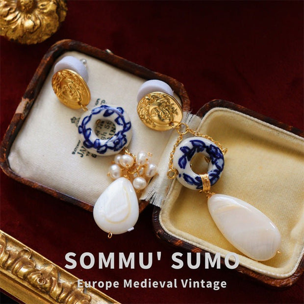 European medieval retro style ancient Roman Apollo gold coin gilded ceramic natural pearl earrings - Tiracisu