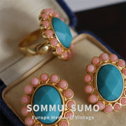 European Retro Style Blue - Green Flower Ring and Earring Set - Tiracisu