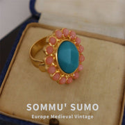 European Retro Style Blue - Green Flower Ring and Earring Set - Tiracisu