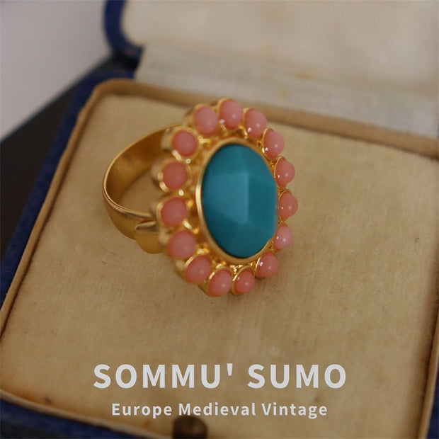 European Retro Style Blue - Green Flower Ring and Earring Set - Tiracisu