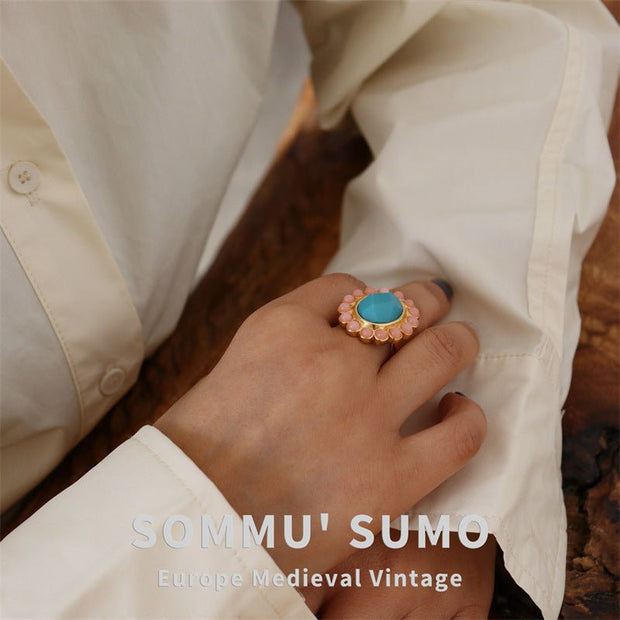 European Retro Style Blue - Green Flower Ring and Earring Set - Tiracisu