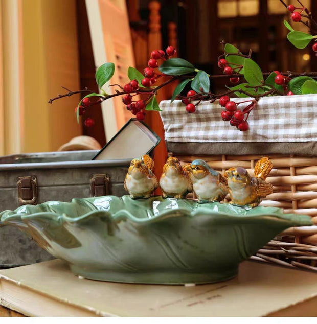 Green leaf bird ceramic plate, decoration, nut plate, key basin, desk ornaments