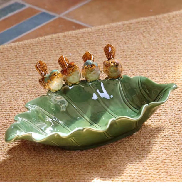 Green leaf bird ceramic plate, decoration, nut plate, key basin, desk ornaments - Tiracisu
