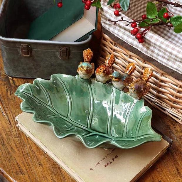 Green leaf bird ceramic plate, decoration, nut plate, key basin, desk ornaments - Tiracisu