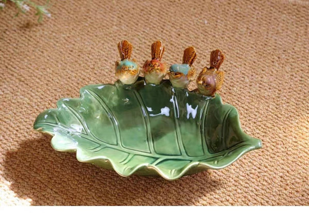 Green leaf bird ceramic plate, decoration, nut plate, key basin, desk ornaments - Tiracisu