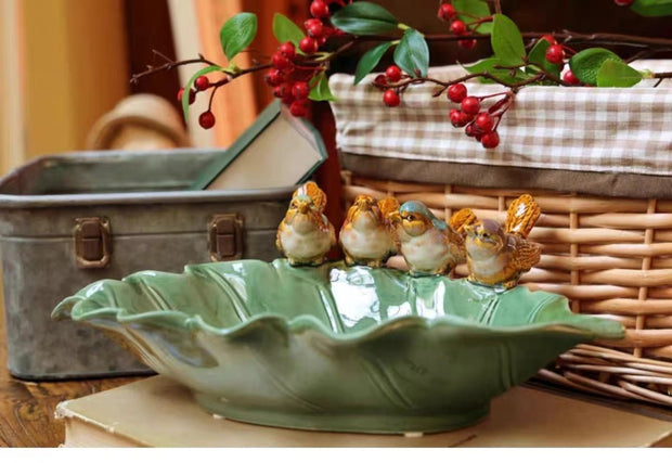Green leaf bird ceramic plate, decoration, nut plate, key basin, desk ornaments - Tiracisu
