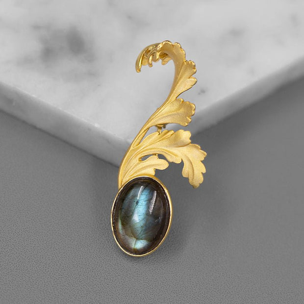 Original sterling silver inlaid moonstone labradorite classical and gorgeous French flower leaf brooch - Tiracisu