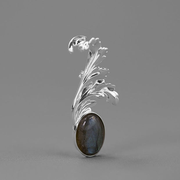 Original sterling silver inlaid moonstone labradorite classical and gorgeous French flower leaf brooch - Tiracisu