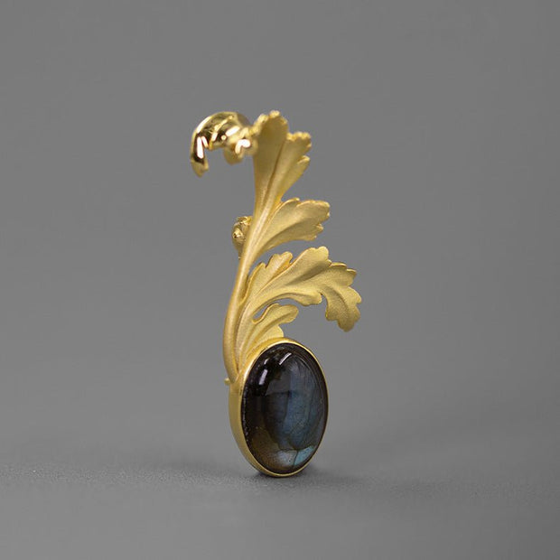 Original sterling silver inlaid moonstone labradorite classical and gorgeous French flower leaf brooch - Tiracisu
