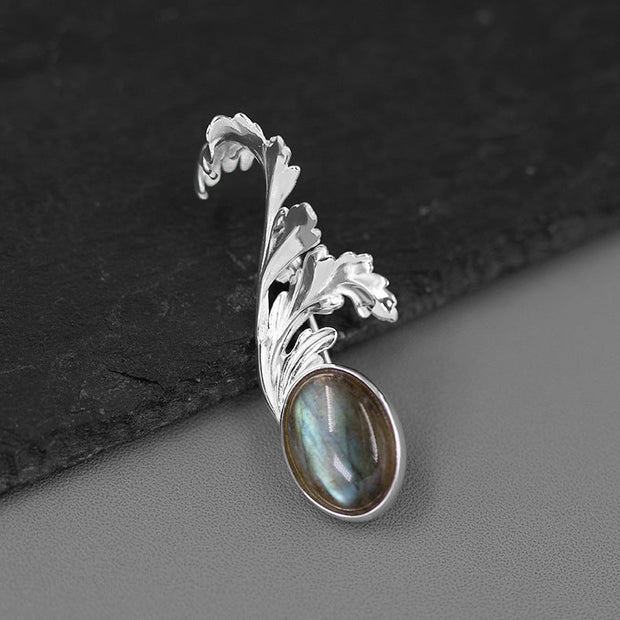 Original sterling silver inlaid moonstone labradorite classical and gorgeous French flower leaf brooch - Tiracisu