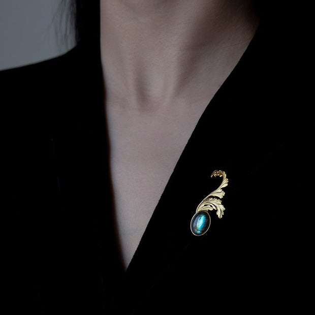 Original sterling silver inlaid moonstone labradorite classical and gorgeous French flower leaf brooch - Tiracisu