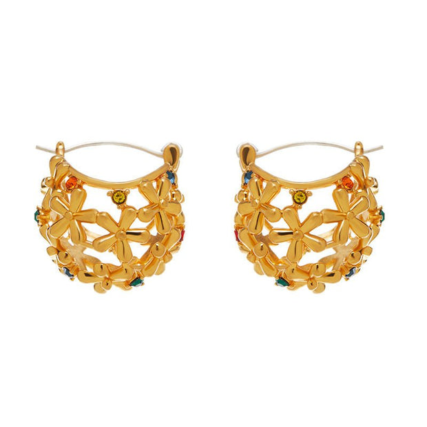 Retro hollow pattern inlaid with colored rhinestones and real gold - plated earrings - Tiracisu