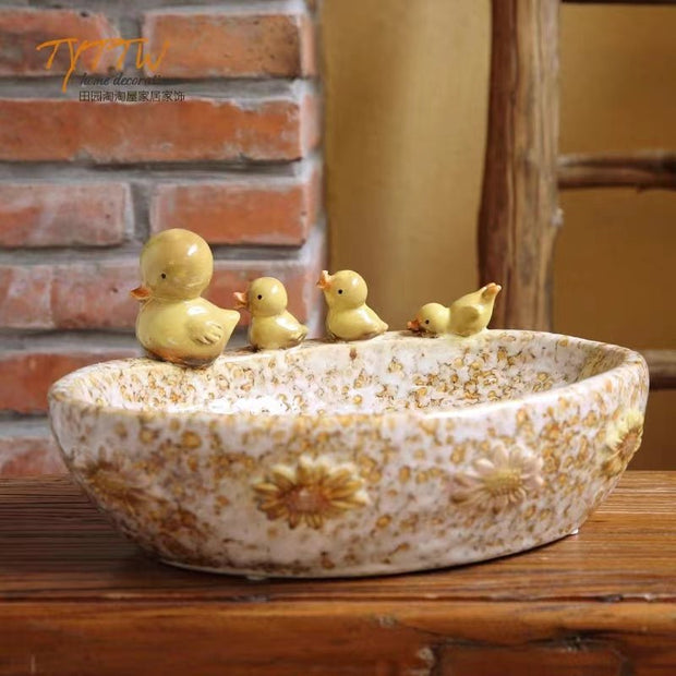 Retro mother and children yellow duck ceramic plate, home decoration, nut plate, key basin, desktop ornaments - Tiracisu