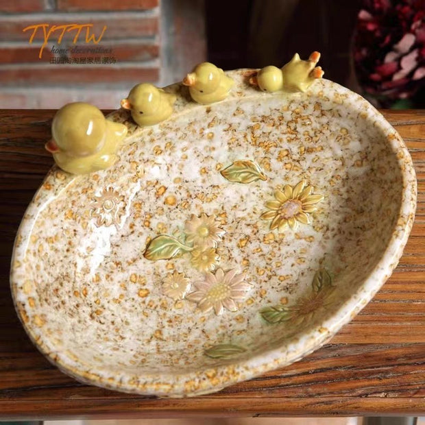 Retro mother and children yellow duck ceramic plate, home decoration, nut plate, key basin, desktop ornaments - Tiracisu