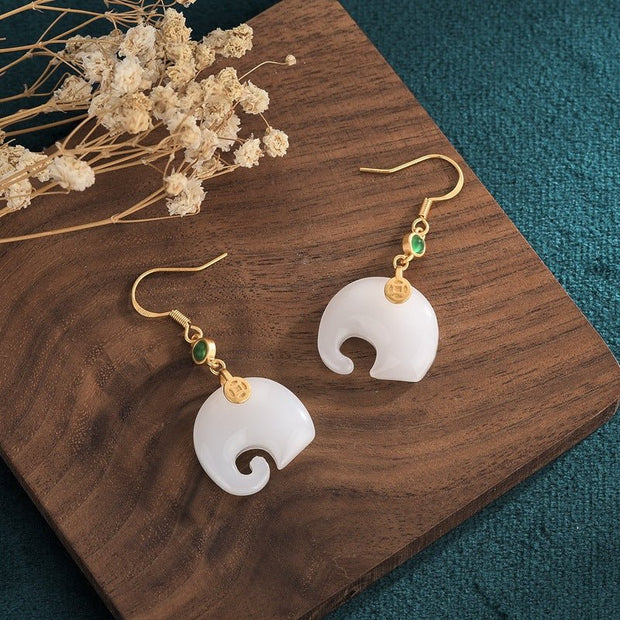 Small white elephant jade real gold plated earrings - Tiracisu