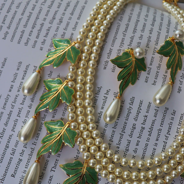Vintage Pearl Enamel Green Leaf Earring Necklace Set - Tiracisu