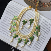 Vintage Pearl Enamel Green Leaf Earring Necklace Set - Tiracisu