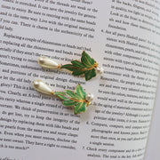 Vintage Pearl Enamel Green Leaf Earring Necklace Set - Tiracisu